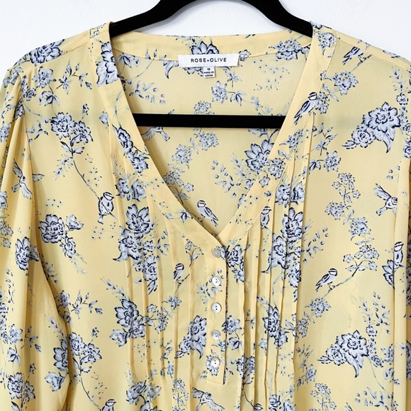 Rose & Olive Floral V-Neck Popover Top Womens Plus 1X Yellow Blue - Picture 3 of 9